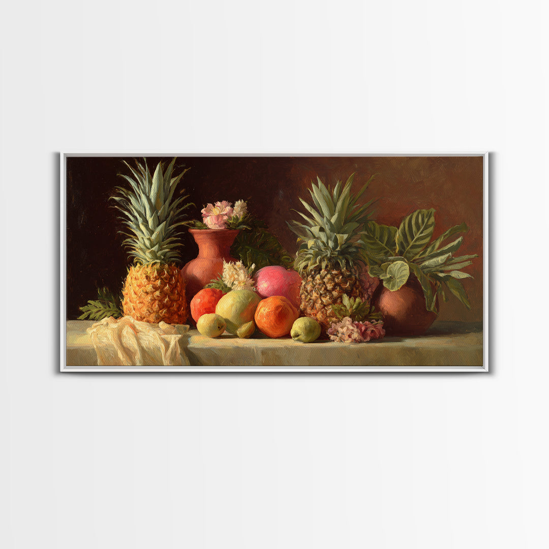 Pineapple and Palm Still Life Canvas Print, Tropical Art, Printable Wall Art, Living Room Decor, Watercolor Art, Tropic, TRO-2x1-98