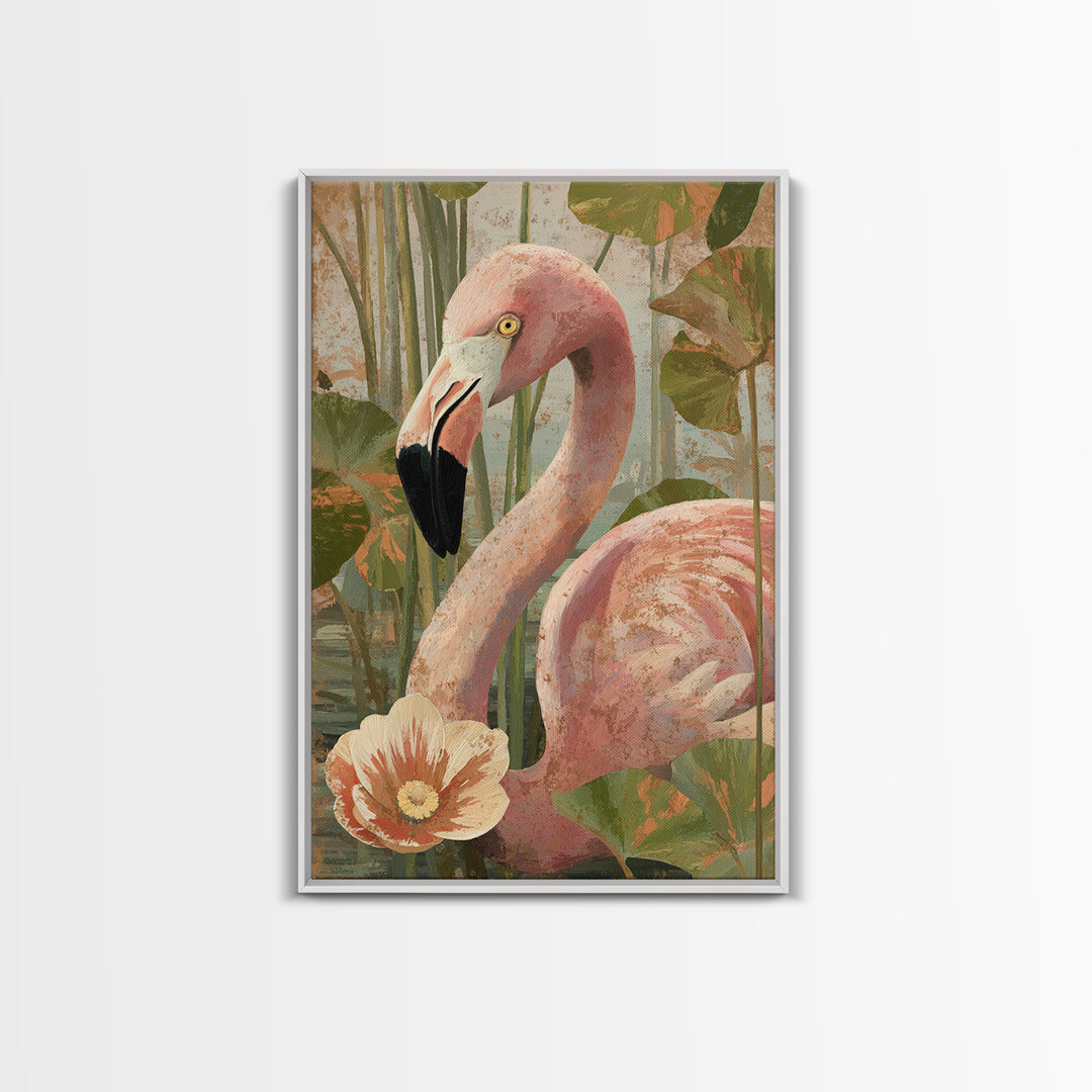 Pink Flamingos Among Tropical Water Plants Canvas Print, Tropical Art, Contemporary Art, Living Room Decor, Fine Art, Tropic, TRO-2x3-10