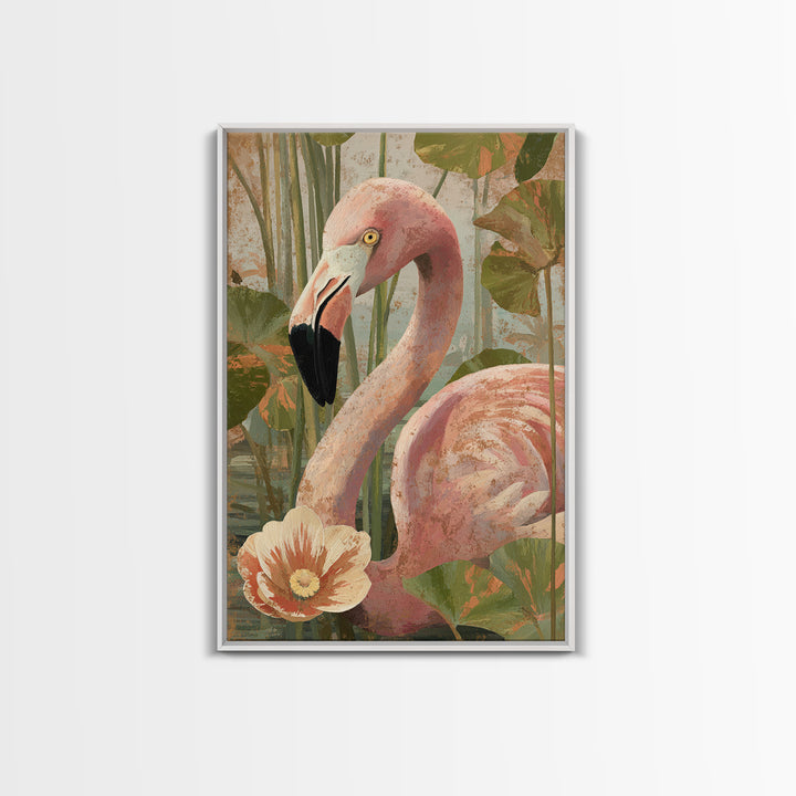 Pink Flamingos Among Tropical Water Plants Canvas Print, Tropical Art, Contemporary Art, Living Room Decor, Fine Art, Tropic, TRO-2x3-10