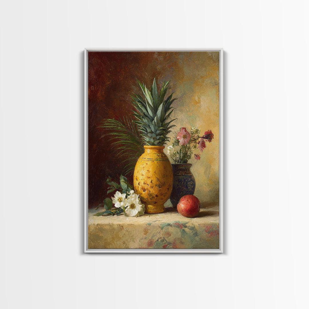 Pineapple and Palm Still Life Canvas Print, Tropical Art, Wall Art, Living Room Decor, Oil Painting, Tropic, Pink Wall Art, TRO-2x3-14