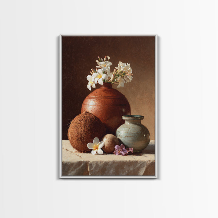 Coconut and Plumeria Still Life Framed Canvas Print, Tropical Art, Watercolor Painting, Living Room Decor, Oil Painting, Tropic, TRO-2x3-20