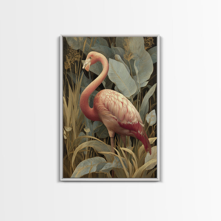 Pink Flamingos Among Tropical Water Plants Framed Canvas Print, Tropical Art, Print, Living Room Decor, Fine Art, Tropic, TRO-2x3-34