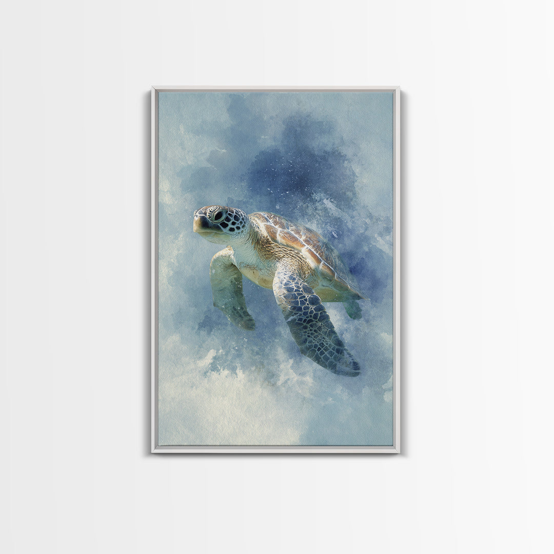 Sea Turtle Near Tropical Reef Framed Canvas Print, Tropical Art, Digital Art, Living Room Decor, Oil Painting, Tropic, TRO-2x3-51