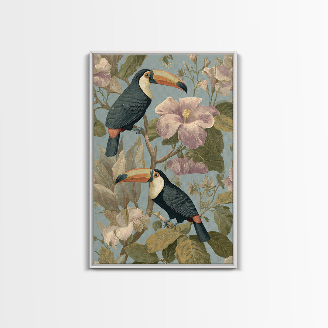 Toucans Surrounded by Bright Jungle Flowers Canvas Print, Tropical Art, Watercolor Painting, Living Room Decor, Tropic, TRO-2x3-59