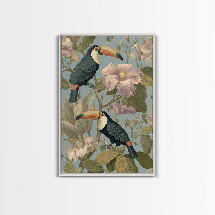 Toucans Surrounded by Bright Jungle Flowers Canvas Print, Tropical Art, Watercolor Painting, Living Room Decor, Tropic, TRO-2x3-59