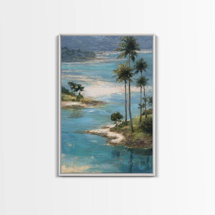 Tropical Lagoon with Turquoise Water Framed Canvas Print, Tropical Art, Bird Art, Living Room Decor, Watercolor Art, Tropic, TRO-2x3-63