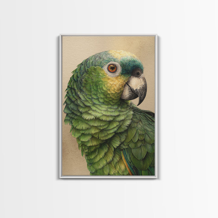 Parrot Portrait with Emerald Feathers Framed Canvas Print, Tropical Art, Print, Living Room Decor, Oil Painting, Tropic, TRO-2x3-64