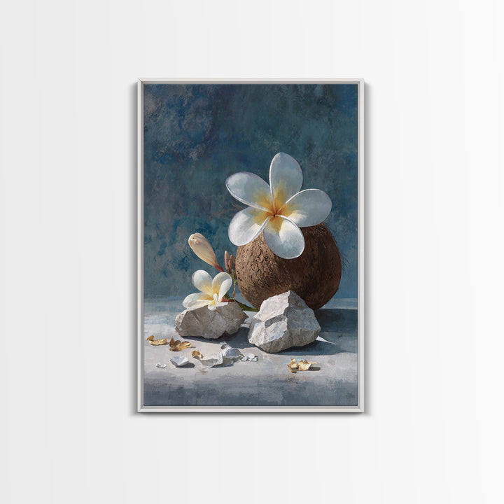 Coconut and Plumeria Still Life Framed Canvas Print, Tropical Art, Coastal Wall Art, Living Room Decor, Fine Art, Tropic, TRO-2x3-68