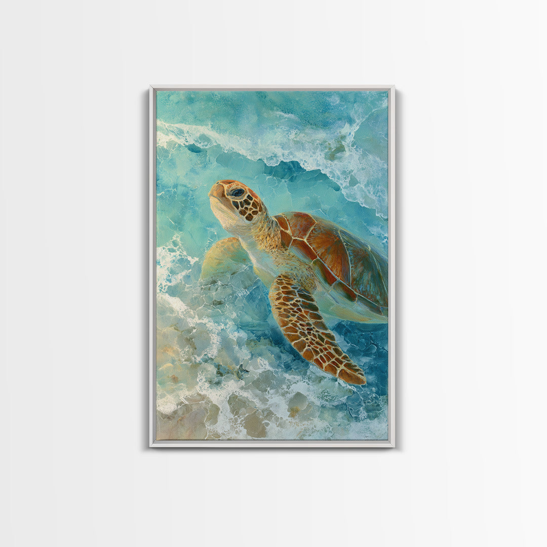 Sea Turtle Near Tropical Reef Framed Canvas Print, Tropical Art, Abstract Painting, Living Room Decor, Fine Art, Tropic, TRO-2x3-75
