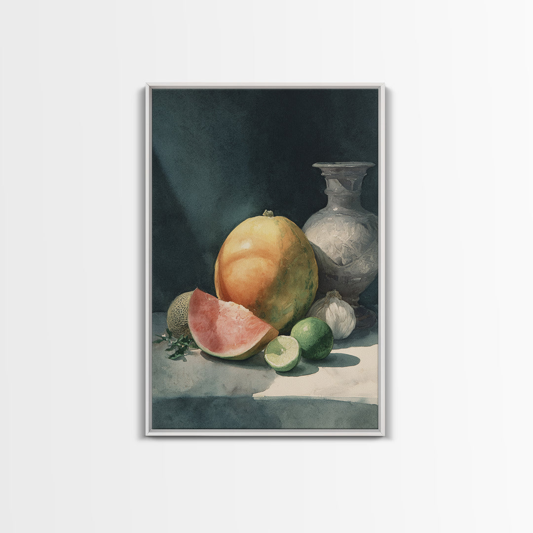 Bright Papaya and Lime Still Life Framed Canvas Print, Tropical Art, Botanical Art, Living Room Decor, Oil Painting, Tropic, TRO-2x3-8