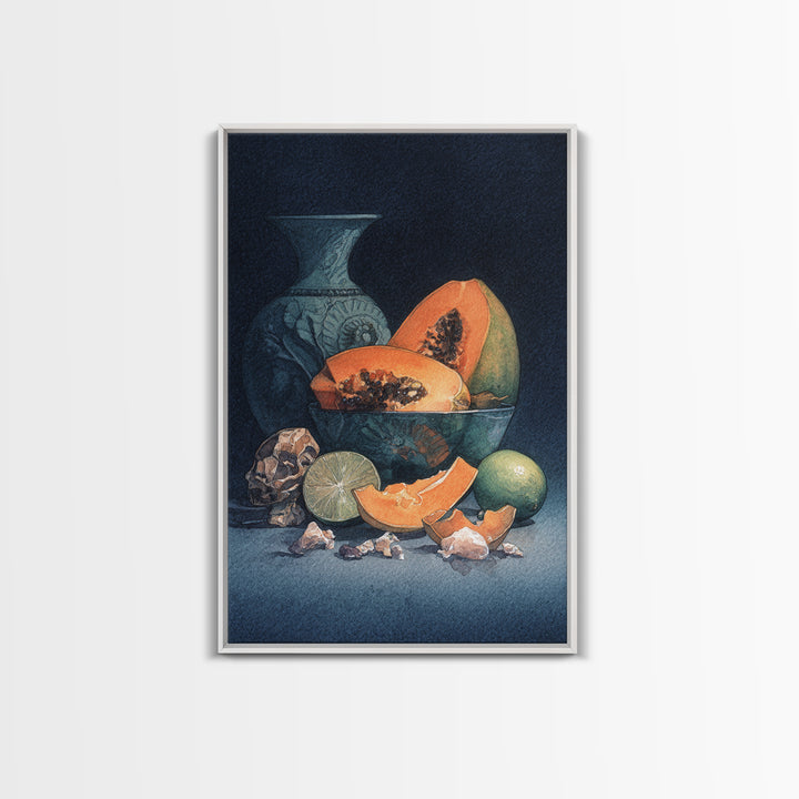 Bright Papaya and Lime Still Life Framed Canvas Print, Tropical Art, Living Room Decor, Watercolor Art, Tropic, TRO-2x3-80