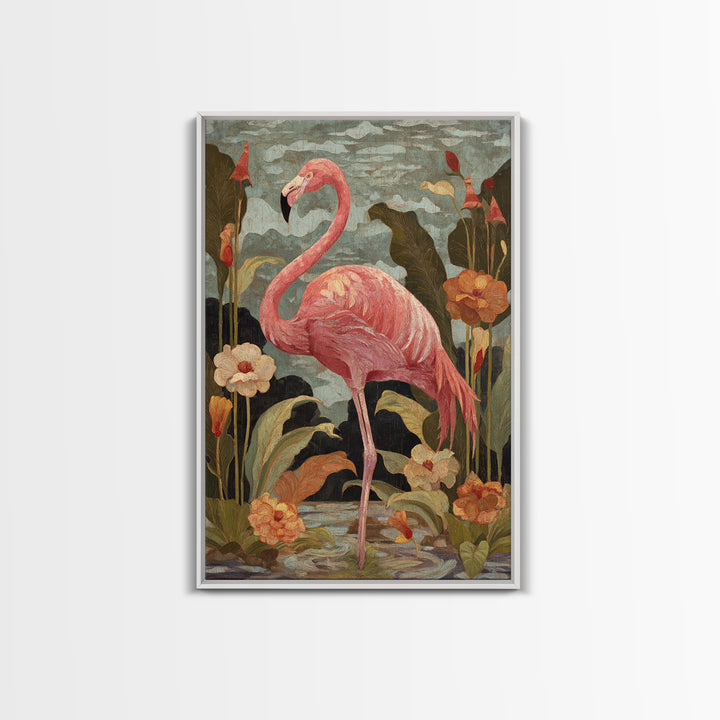 Pink Flamingos Among Tropical Water Plants Canvas Print, Tropical Art, Digital Print, Living Room Decor, Fine Art, Tropic, TRO-2x3-82