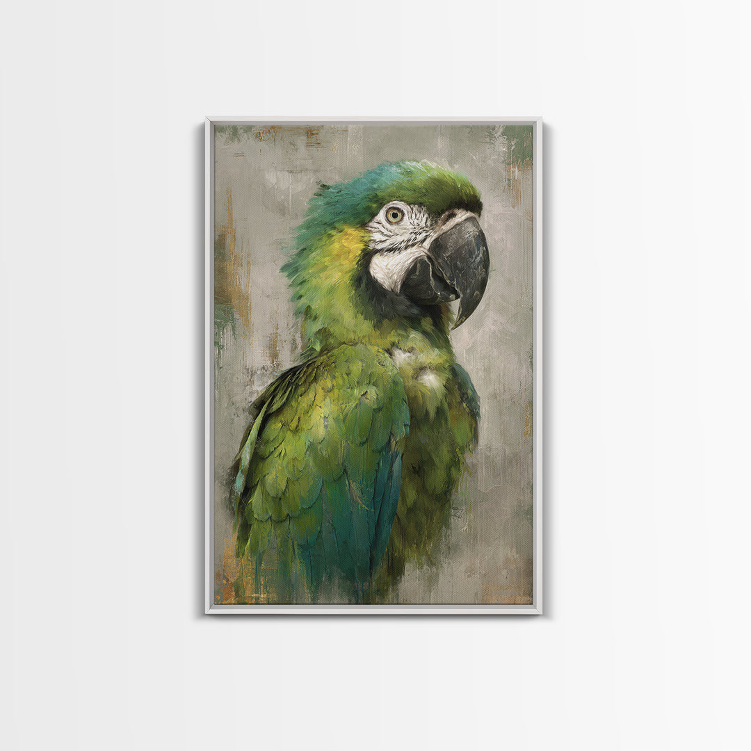 Parrot Portrait with Emerald Feathers Framed Canvas Print, Tropical Art, Set of 3 Prints, Living Room Decor, Fine Art, Tropic, TRO-2x3-88