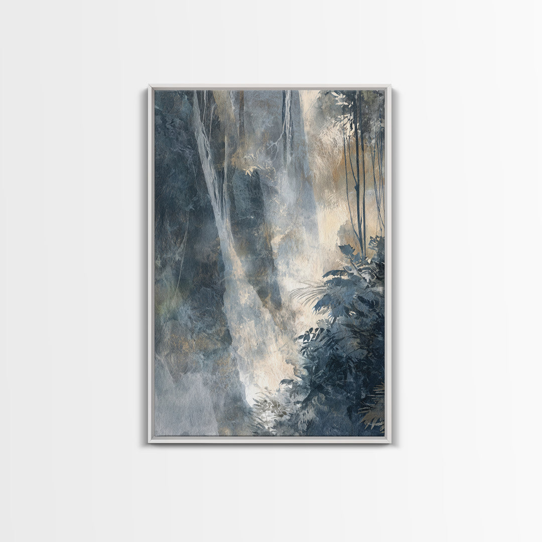 Jungle Waterfall with Misty Light Framed Canvas Print, Tropical Art, Abstract Painting, Living Room Decor, Fine Art, Tropic, TRO-2x3-93