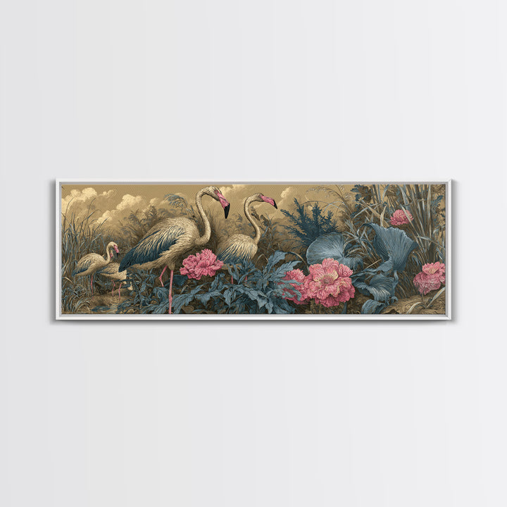 Pink Flamingos Among Tropical Water Plants Framed Canvas Print, Tropical Art, Oversized Wall Art, Living Room Decor, Tropic, TRO-3x1-18