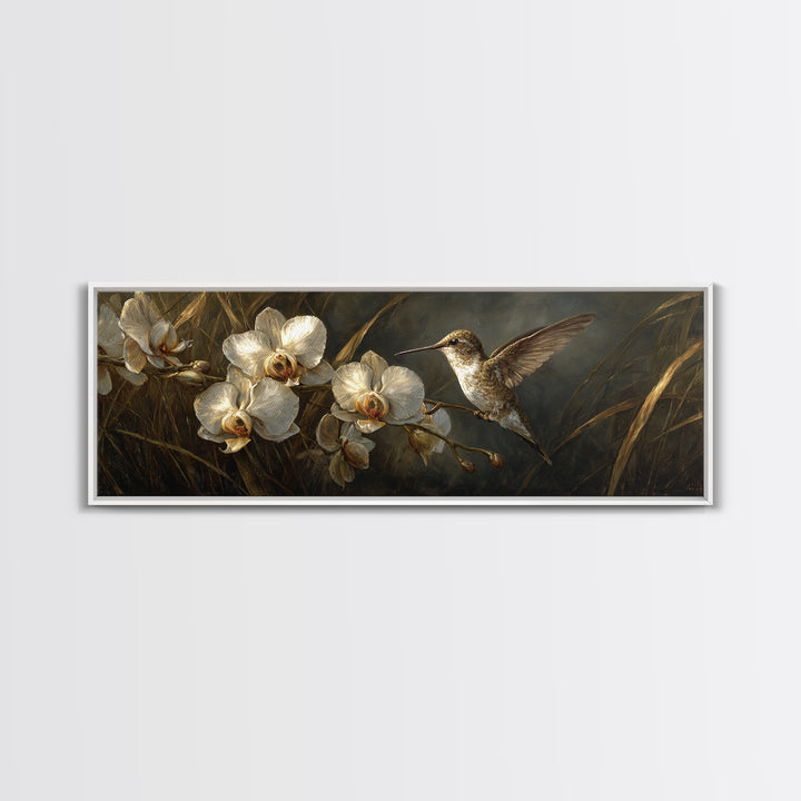 Orchid and Hummingbird Composition Framed Canvas Print, Tropical Art, Wall Art Prints, Living Room Decor, Fine Art, Tropic, TRO-3x1-2