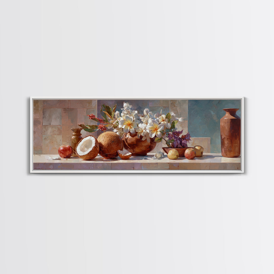 Coconut and Plumeria Still Life Canvas Print, Tropical Art, Downloadable Prints, Living Room Decor, Watercolor Art, Tropic, TRO-3x1-4
