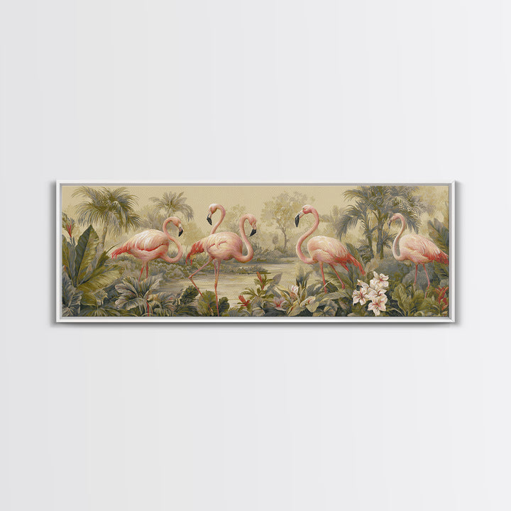 Pink Flamingos Among Tropical Water Plants Canvas Print, Tropical Art, Watercolor Art, Living Room Decor, Fine Art, Tropic, TRO-3x1-42