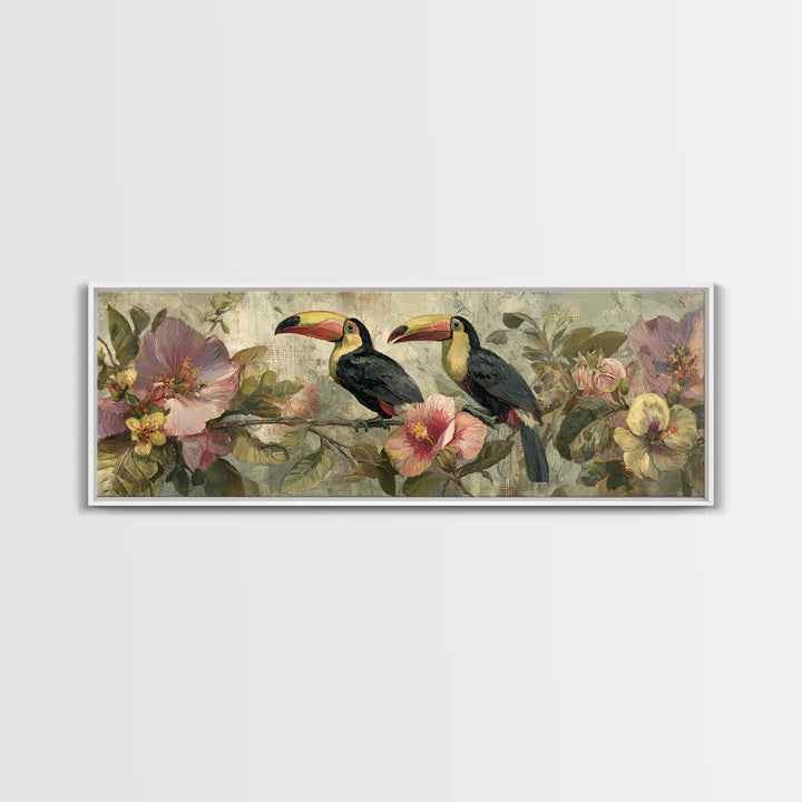 Toucans Surrounded by Bright Jungle Flowers Canvas Print, Tropical Art, Art Print, Living Room Decor, Fine Art, Tropic, TRO-3x1-43