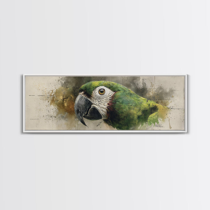Parrot Portrait with Emerald Feathers Canvas Print, Tropical Art, Textured Painting, Living Room Decor, Fine Art, Tropic, TRO-3x1-48