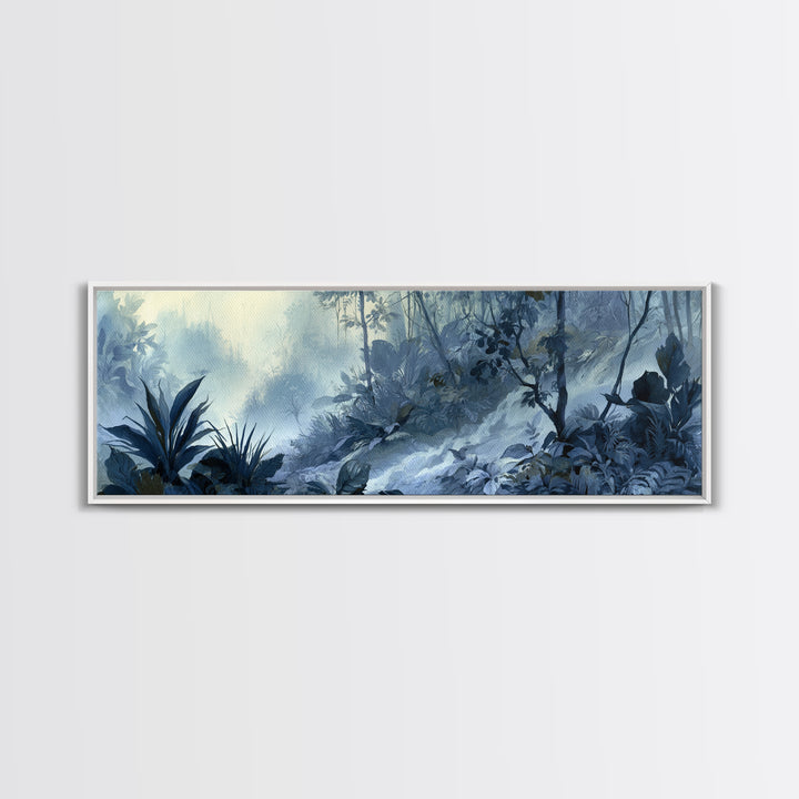 Jungle Waterfall with Misty Light Framed Canvas Print, Tropical Art, Bird Art, Living Room Decor, Watercolor Art, Tropic, TRO-3x1-5