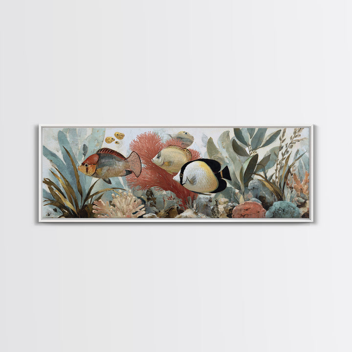 Tropical Fish over Coral Reef Framed Canvas Print, Tropical Art, Printable, Living Room Decor, Fine Art, Tropic, Coastal Decor, TRO-3x1-51