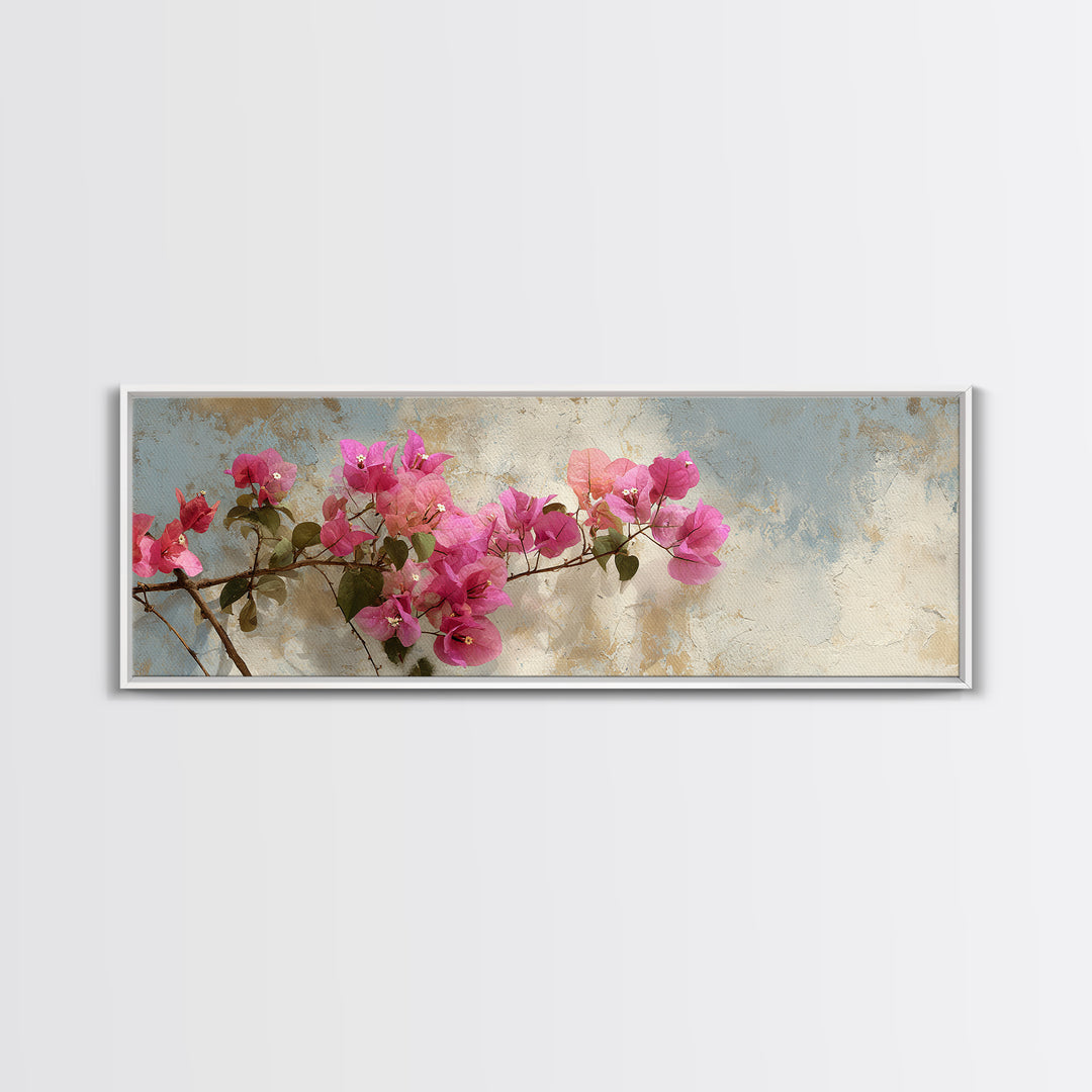 Pink Bougainvillea over White Wall Framed Canvas Print, Tropical Art, Minimalist Decor, Living Room Decor, Fine Art, Tropic, TRO-3x1-56