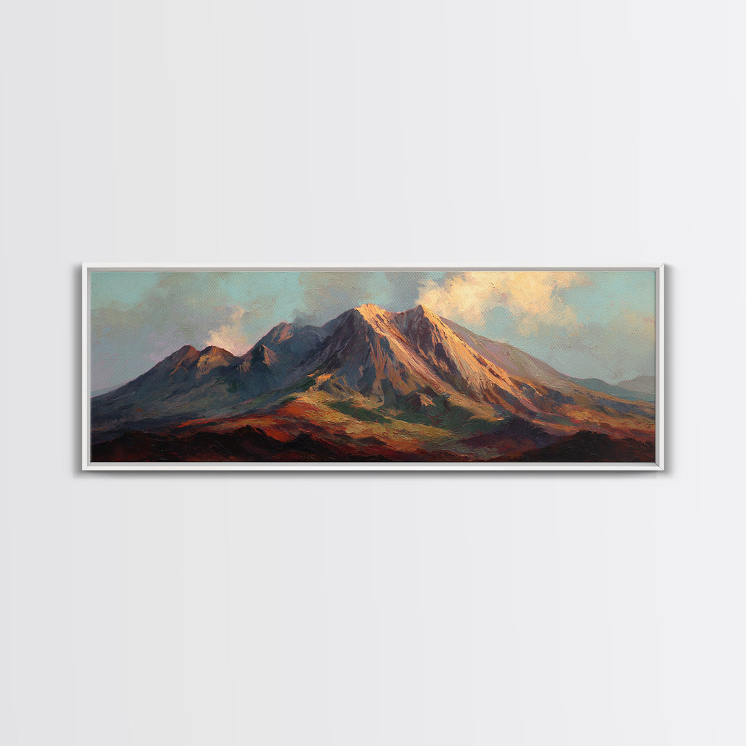 Island Volcano with Lush Foreground Framed Canvas Print, Tropical Art, Whimsical Art, Living Room Decor, Fine Art, Tropic, TRO-3x1-57