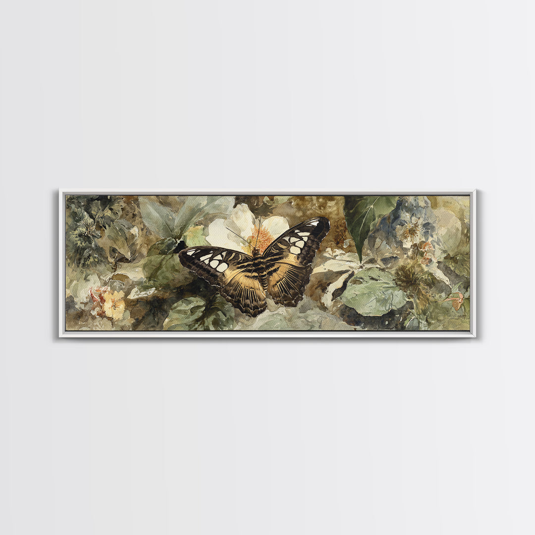 Tropical Butterfly and Flower Study Framed Canvas Print, Tropical Art, Living Room Decor, Watercolor Art, Tropic, TRO-3x1-63