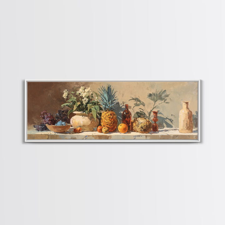 Pineapple and Palm Still Life Canvas Print, Tropical Art, Wall Art, Living Room Decor, Oil Painting, Tropic, Pink Wall Art, TRO-3x1-70