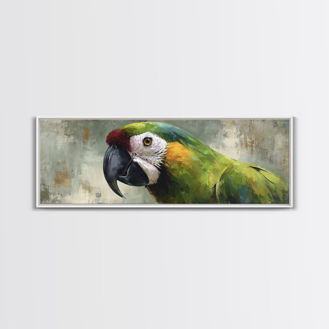 Parrot Portrait with Emerald Feathers Framed Canvas Print, Tropical Art, Wall Decor, Living Room Decor, Fine Art, Tropic, TRO-3x1-72