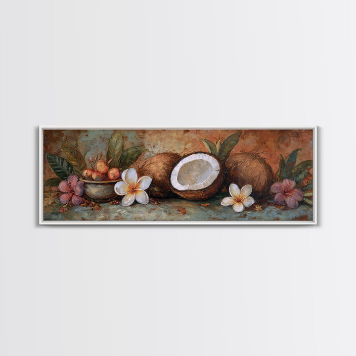 Coconut and Plumeria Still Life Canvas Print, Tropical Art, Decor, Living Room Decor, Tropic 276, Bird Art, Set of Prints, TRO-3x1-76
