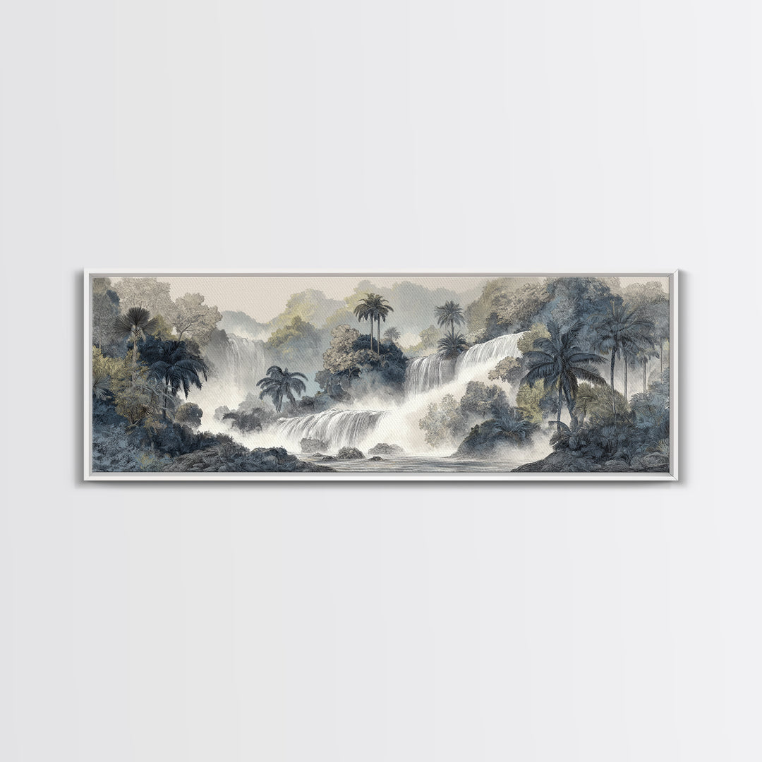 Jungle Waterfall with Misty Light Framed Canvas Print, Tropical Art, Gallery Wall Art, Living Room Decor, Fine Art, Tropic, TRO-3x1-77