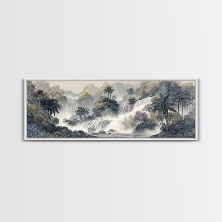Jungle Waterfall with Misty Light Framed Canvas Print, Tropical Art, Gallery Wall Art, Living Room Decor, Fine Art, Tropic, TRO-3x1-77