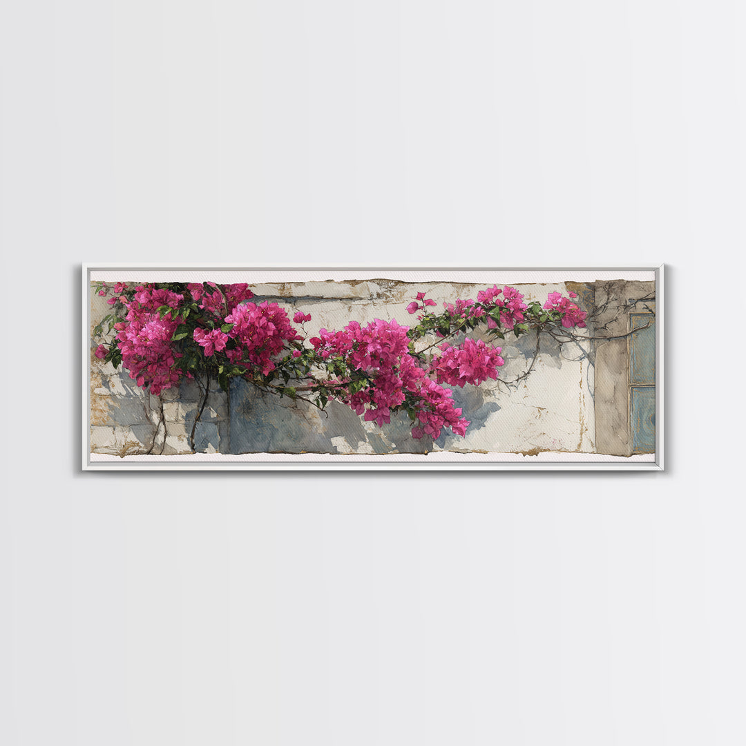 Pink Bougainvillea over White Wall Canvas Print, Tropical Art, Digital Prints, Living Room Decor, Tropic 280, Set of Prints, TRO-3x1-80