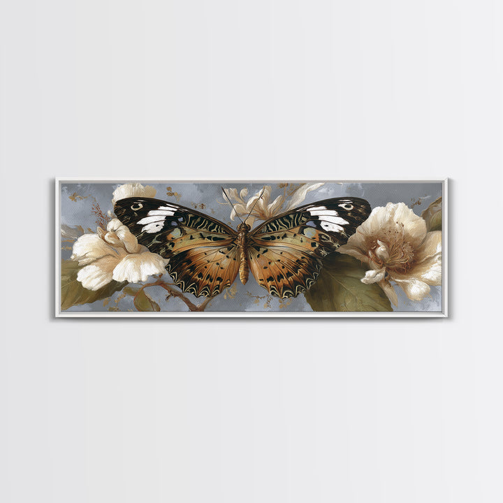 Tropical Butterfly and Flower Study Framed Canvas Print, Tropical Art, Digital Print, Living Room Decor, Fine Art, Tropic, TRO-3x1-87