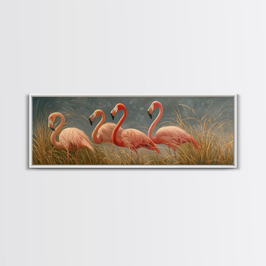 Pink Flamingos Among Tropical Water Plants Framed Canvas Print, Tropical Art, Coastal Art, Living Room Decor, Fine Art, Tropic, TRO-3x1-90