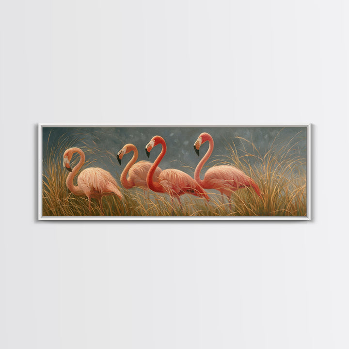 Pink Flamingos Among Tropical Water Plants Framed Canvas Print, Tropical Art, Coastal Art, Living Room Decor, Fine Art, Tropic, TRO-3x1-90