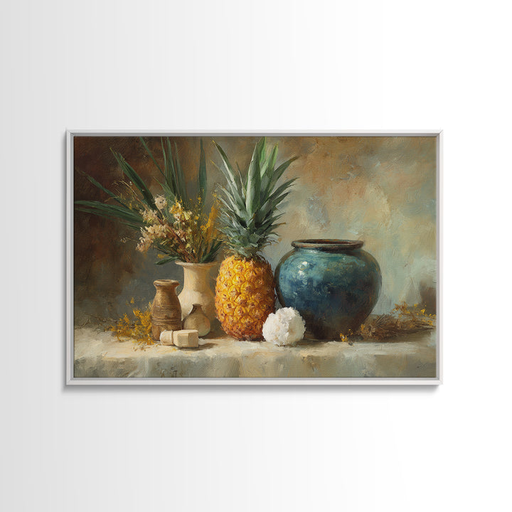 Pineapple and Palm Still Life Framed Canvas Print, Tropical Art, Coastal Wall Art, Living Room Decor, Fine Art, Tropic, TRO-3x2-10