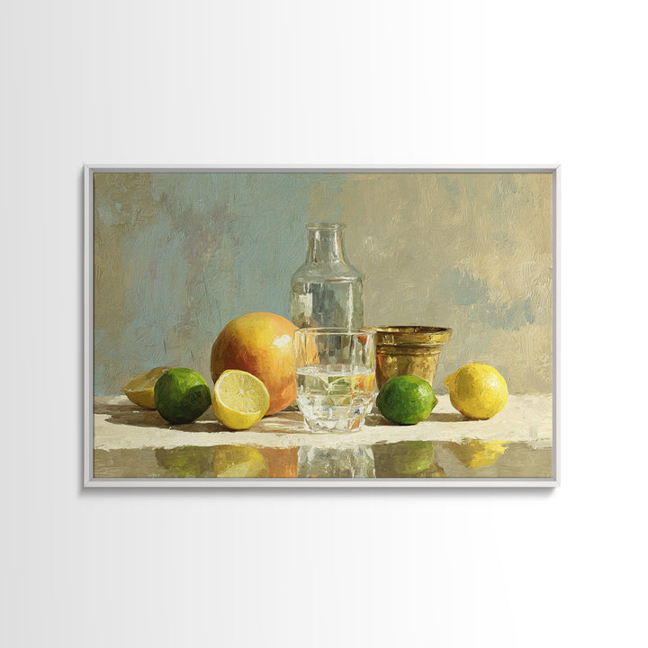 Bright Papaya and Lime Still Life Framed Canvas Print, Tropical Art, Wall Art, Living Room Decor, Oil Painting, Tropic, TRO-3x2-100
