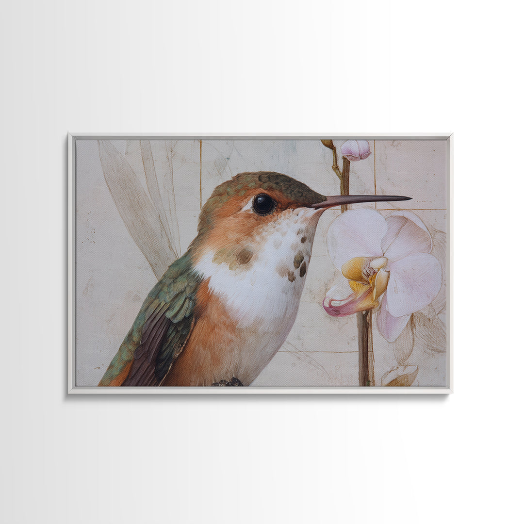 Orchid and Hummingbird Composition Framed Canvas Print, Tropical Art, Pink Wall Art, Living Room Decor, Fine Art, Tropic, TRO-3x2-14