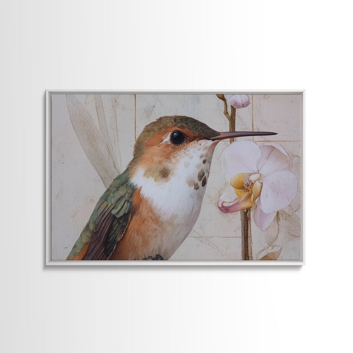 Orchid and Hummingbird Composition Framed Canvas Print, Tropical Art, Pink Wall Art, Living Room Decor, Fine Art, Tropic, TRO-3x2-14