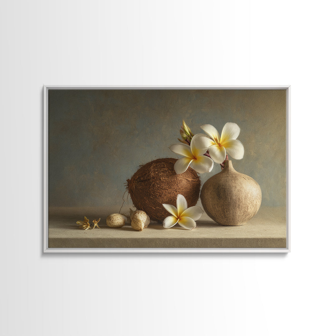 Coconut and Plumeria Still Life Canvas Print, Tropical Art, Downloadable Prints, Living Room Decor, Watercolor Art, Tropic, TRO-3x2-16