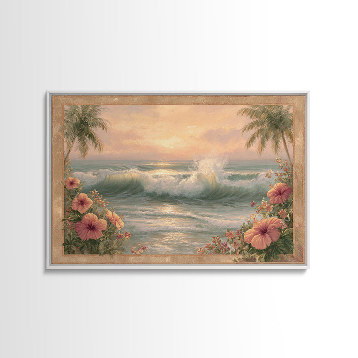 Sunset Surf Scene Canvas Print, Tropical Art, Bird Art, Living Room Decor, Watercolor Art, Tropic, Whimsical Art, Botanical Art, TRO-3x2-26