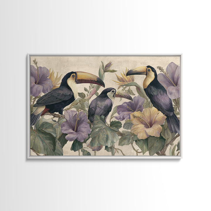Toucans Surrounded by Bright Jungle Flowers Framed Canvas Print, Tropical Art, Statement Artwork, Living Room Decor, Tropic, TRO-3x2-31