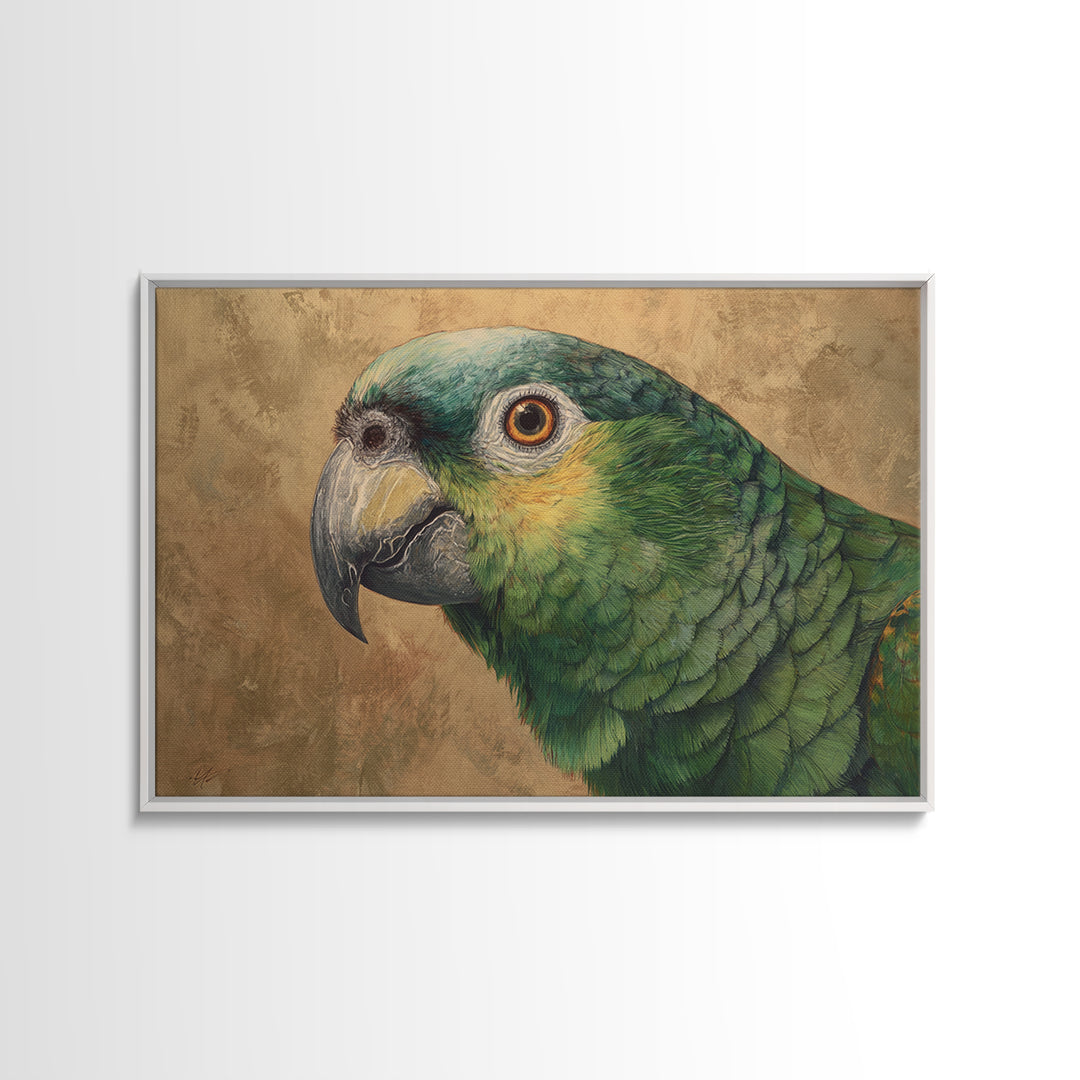 Parrot Portrait with Emerald Feathers Framed Canvas Print, Tropical Art, Whimsical Art, Living Room Decor, Fine Art, Tropic, TRO-3x2-36