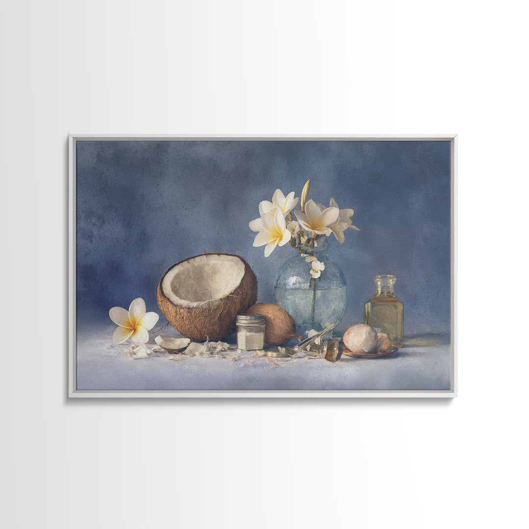 Coconut and Plumeria Still Life Framed Canvas Print, Tropical Art, Botanical Art, Living Room Decor, Oil Painting, Tropic, TRO-3x2-40