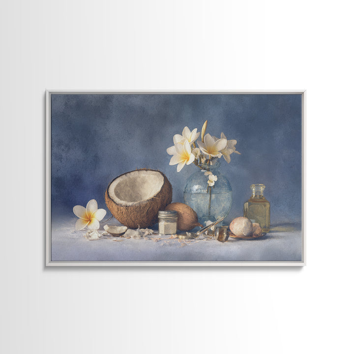 Coconut and Plumeria Still Life Framed Canvas Print, Tropical Art, Botanical Art, Living Room Decor, Oil Painting, Tropic, TRO-3x2-40