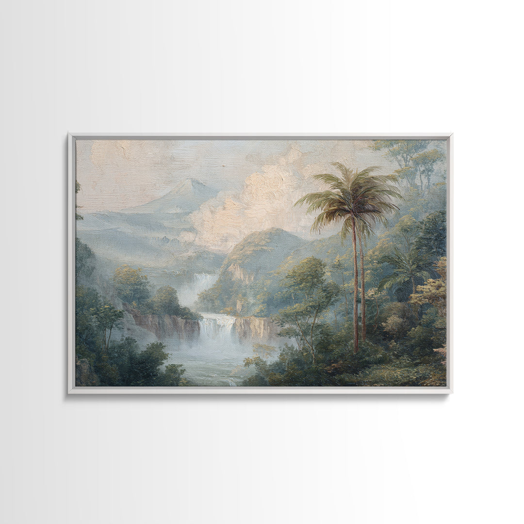 Jungle Waterfall with Misty Light Framed Canvas Print, Tropical Art, Beach Prints, Living Room Decor, Watercolor Art, Tropic, TRO-3x2-41