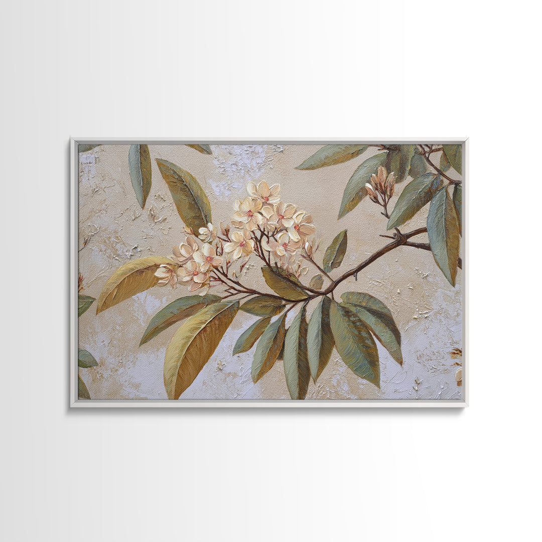 Mango Branch with Leaves and Flowers Framed Canvas Print, Tropical Art, Coastal Decor, Living Room Decor, Fine Art, Tropic, TRO-3x2-46